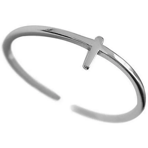 Minimalist Open Band S925 Sterling Silver Rings for Women Girls Men Sideways Cross Faith Promise Expendable Stackable Comfort Fit Knuckle Finger Ring Love Hope Wedding Engatement Gift Silver Cross