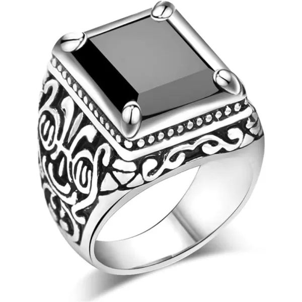 Vintage Black Square Resin Statement Ring for Women Men Silver Plated Imitation Agate Turkish Ottoman Style Wide Band Rings Comfort Fit Unisex Boho Tribal Jewelry Gift Size 9