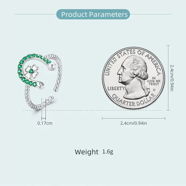 CZ Horseshoe 925 Sterling Silver Ring for Women Love U Clover Flower Adjustable Twisted Open Band Finger Rings Comfort Fit Fashion Cute Green Crystal Jewelry Gift for Birthday Christmas St Patricks Day