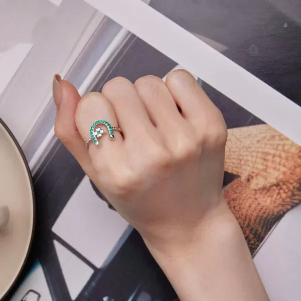 CZ Horseshoe 925 Sterling Silver Ring for Women Love U Clover Flower Adjustable Twisted Open Band Finger Rings Comfort Fit Fashion Cute Green Crystal Jewelry Gift for Birthday Christmas St Patricks Day