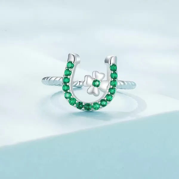 CZ Horseshoe 925 Sterling Silver Ring for Women Love U Clover Flower Adjustable Twisted Open Band Finger Rings Comfort Fit Fashion Cute Green Crystal Jewelry Gift for Birthday Christmas St Patricks Day