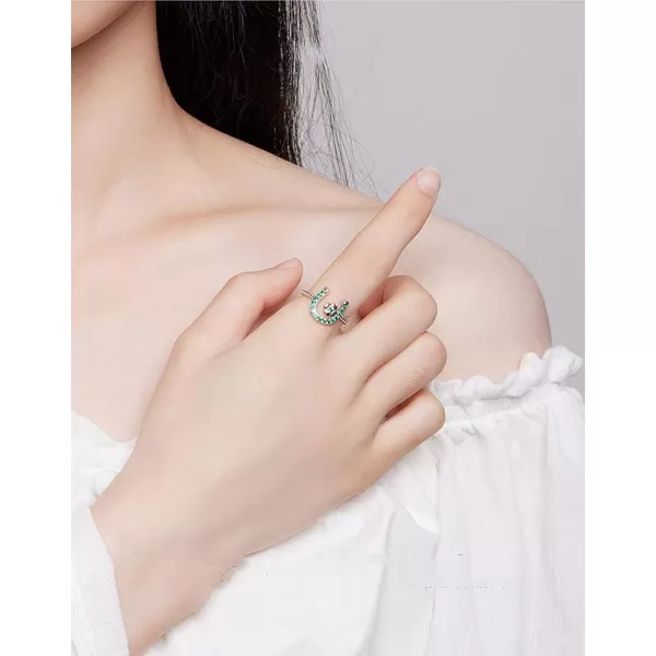 CZ Horseshoe 925 Sterling Silver Ring for Women Love U Clover Flower Adjustable Twisted Open Band Finger Rings Comfort Fit Fashion Cute Green Crystal Jewelry Gift for Birthday Christmas St Patricks Day