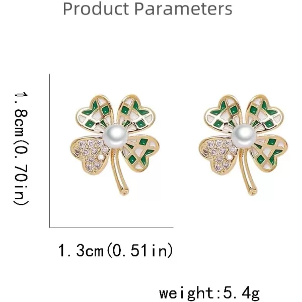 Gold Clover Checker Leaf Stud Earrings for Women 925 Sterling Silver Post Pin Crystal Green Enamel Lucky 4 Leaves Shamrock Flower Studs Cartilage Earrings Hypoallergenic Dainty StPatricks Day Jewelry