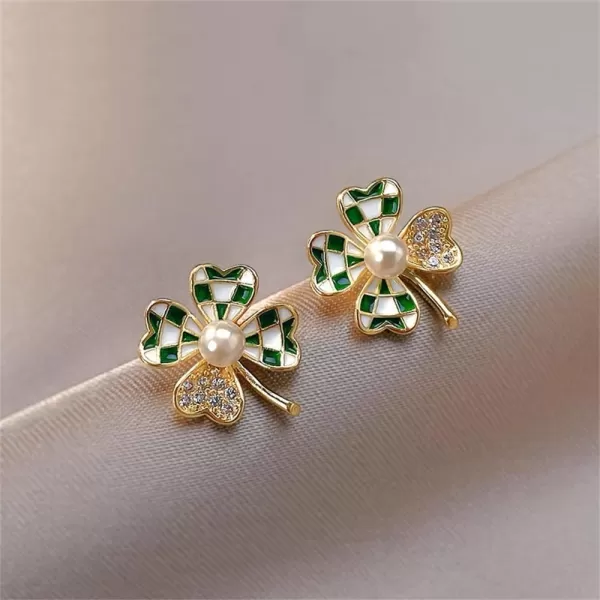 Gold Clover Checker Leaf Stud Earrings for Women 925 Sterling Silver Post Pin Crystal Green Enamel Lucky 4 Leaves Shamrock Flower Studs Cartilage Earrings Hypoallergenic Dainty StPatricks Day Jewelry