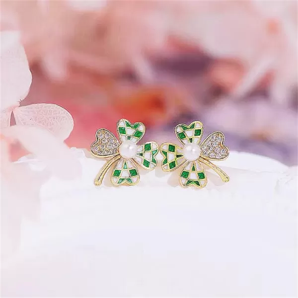 Gold Clover Checker Leaf Stud Earrings for Women 925 Sterling Silver Post Pin Crystal Green Enamel Lucky 4 Leaves Shamrock Flower Studs Cartilage Earrings Hypoallergenic Dainty StPatricks Day Jewelry