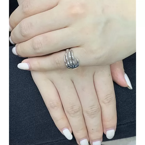Vintage Skull Hand S925 Sterling Silver Open Band Ring for Women Girls Statement Adjustable Expandable Oxidized Gothic Skeleton Devils Talons Finger Pinky Rings Comfort Fit Unisex Personalized Jewelry