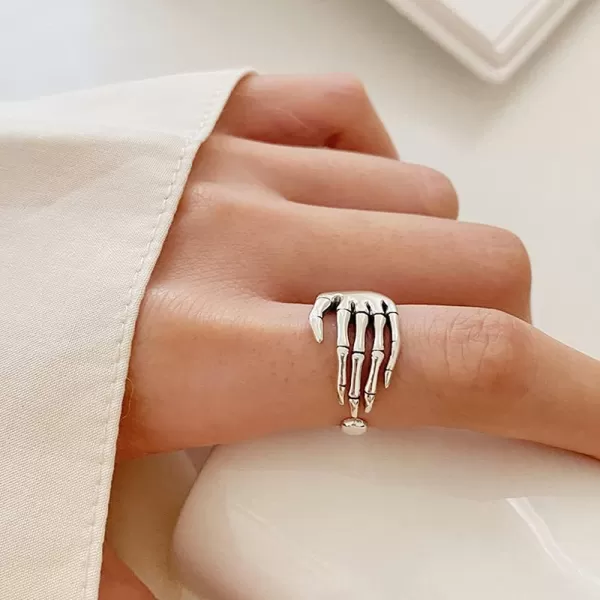 Vintage Skull Hand S925 Sterling Silver Open Band Ring for Women Girls Statement Adjustable Expandable Oxidized Gothic Skeleton Devils Talons Finger Pinky Rings Comfort Fit Unisex Personalized Jewelry