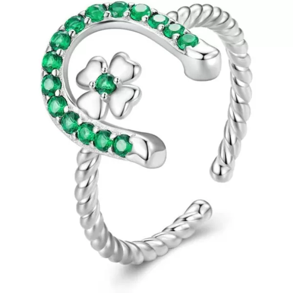 CZ Horseshoe 925 Sterling Silver Ring for Women Love U Clover Flower Adjustable Twisted Open Band Finger Rings Comfort Fit Fashion Cute Green Crystal Jewelry Gift for Birthday Christmas St Patricks Day