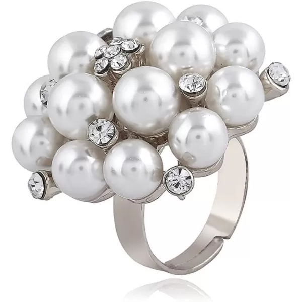 Dtja Big CZ Pearl Statement Wedding Ring for Women Girls Vintage CZ Crystal Faux Pearls Ball Flower Adjustable Open Band Wrap Birthday Cocktail Party Ring Comfort Fit Exaggerated Jewelry Gift