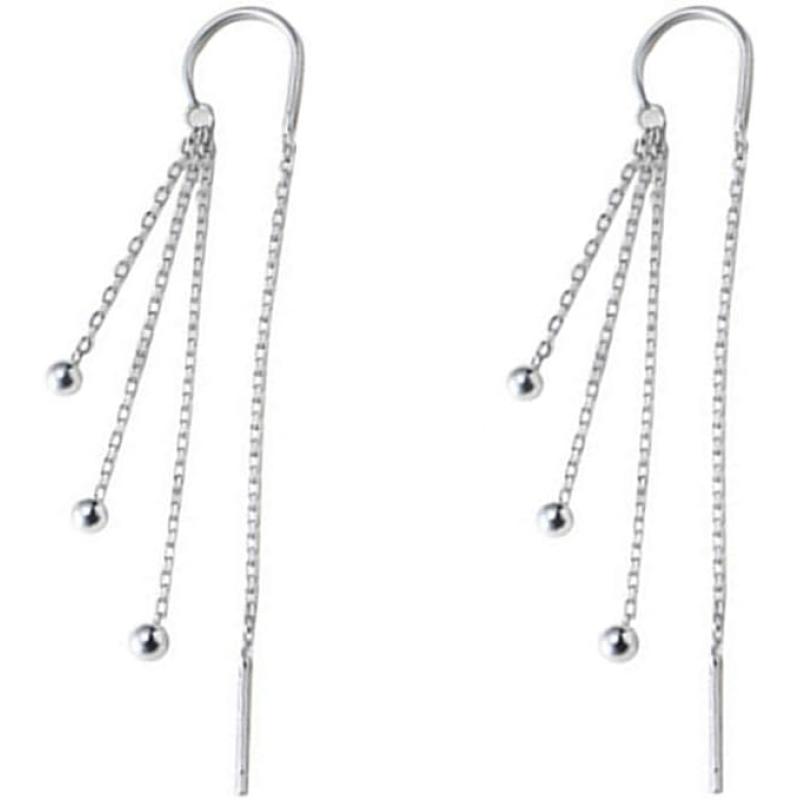 imageExquisite Long Threader Dangle Earrings for Women SilverToned Polished Ball Bead Bar Tassel Chain Drop Dangling Curved Stud Earrings Hypoallergenic Pierced Ear Fashion Delicate Jewelry