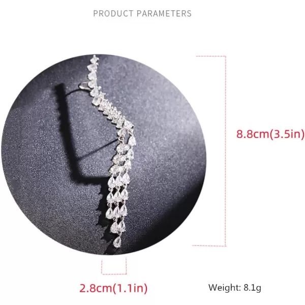 image1pc of CZ Long Fringe Cuff Crystal Stud Earring Right Ear Crawler Climber for Women Girls Bridal 925 Sterling Silver Post Pin Dainty Rhinestone Tassel Chandelier Drop Dangle Statement Wedding Jewelry