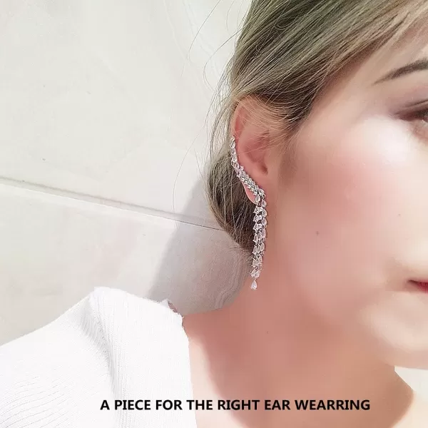 image1pc of CZ Long Fringe Cuff Crystal Stud Earring Right Ear Crawler Climber for Women Girls Bridal 925 Sterling Silver Post Pin Dainty Rhinestone Tassel Chandelier Drop Dangle Statement Wedding Jewelry