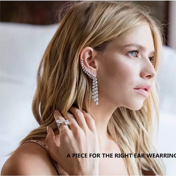 image1pc of CZ Long Fringe Cuff Crystal Stud Earring Right Ear Crawler Climber for Women Girls Bridal 925 Sterling Silver Post Pin Dainty Rhinestone Tassel Chandelier Drop Dangle Statement Wedding Jewelry