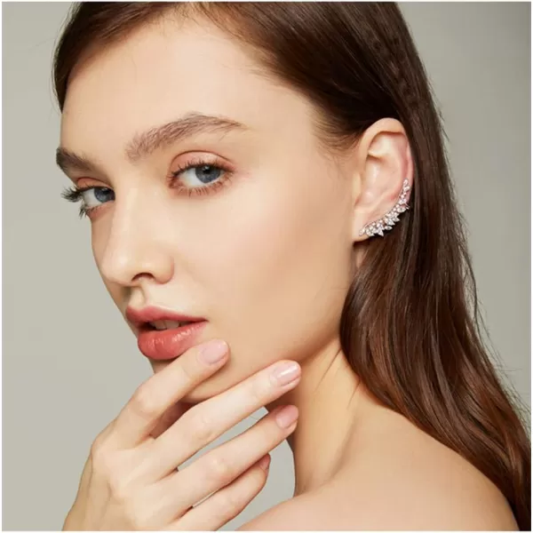 imageCZ Feather Crystal Cuffs Ear Crawler Climber Earrings for Women 925 Sterling Silver Post Pin Dainty Statement Wing Vine Wrap Sweep up Shiny Birthday Wedding Jewelry Gfts Bridal