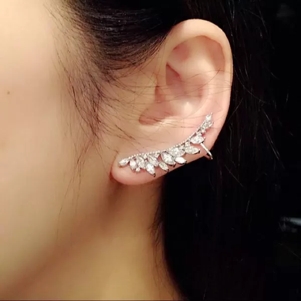 imageCZ Feather Crystal Cuffs Ear Crawler Climber Earrings for Women 925 Sterling Silver Post Pin Dainty Statement Wing Vine Wrap Sweep up Shiny Birthday Wedding Jewelry Gfts Bridal