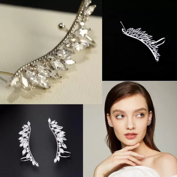 imageCZ Feather Crystal Cuffs Ear Crawler Climber Earrings for Women 925 Sterling Silver Post Pin Dainty Statement Wing Vine Wrap Sweep up Shiny Birthday Wedding Jewelry Gfts Bridal