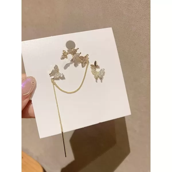 imageCZ Gold Butterfly Crawler Cuffs Studs Earrings for Women S925 Sterling Silver Post Stud Cubic Zirconia Tassel Chain Drop Bar Dangle Asymmetric Climber Wrap Earring Fashion Dainty Party Jewelry