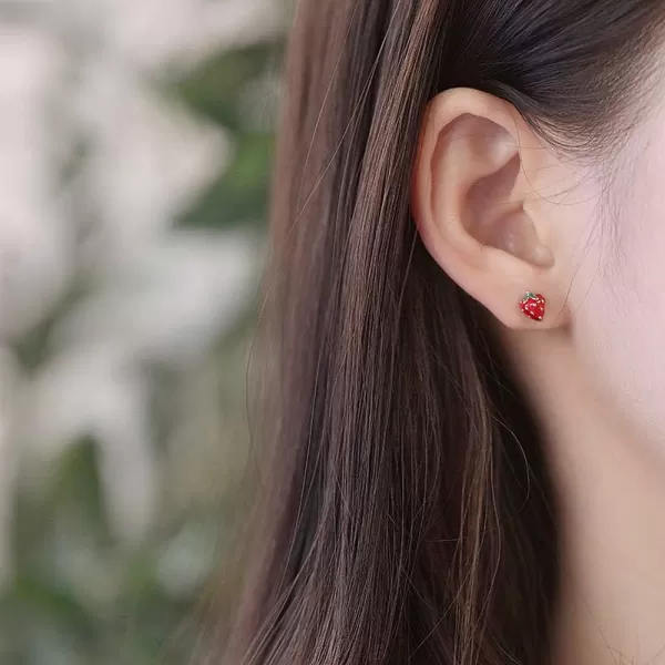imageCute Strawberry Fruits Earrings 925 Sterling Silver Small Stud Earring for Women Red Enamel Lifelike Lucky Cartilage Tragus Post Hypoallergenic Dainty Jewelry Gifts Daughter Niece