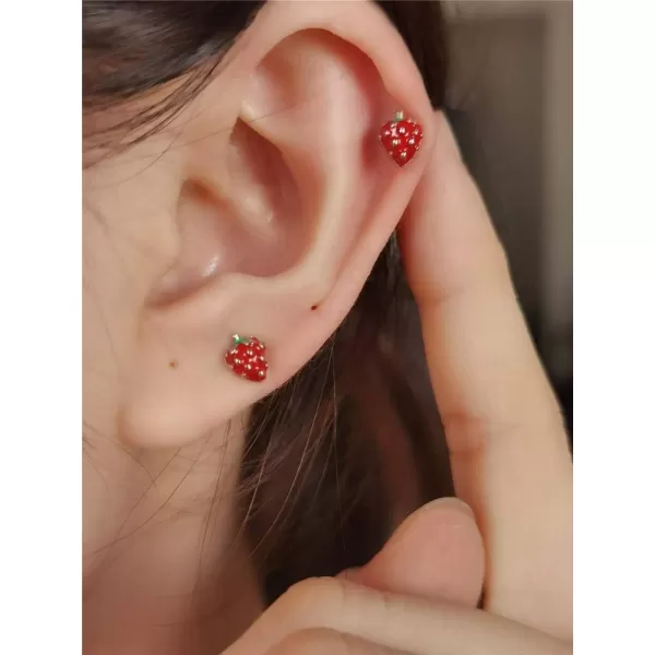 imageCute Strawberry Fruits Earrings 925 Sterling Silver Small Stud Earring for Women Red Enamel Lifelike Lucky Cartilage Tragus Post Hypoallergenic Dainty Jewelry Gifts Daughter Niece