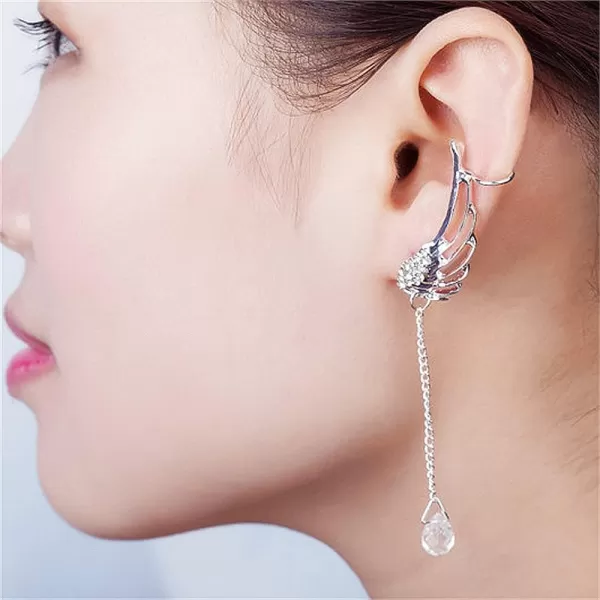 imageDainty Angel Wing Ear Cuffs Crawler Climber Studs Earrings for Women Silver Plated Cubic Zircoina Teardrop Tassel Chain Drop Dangle Cartilage Elegant Birthday Wedding Party Christmas Jewelry