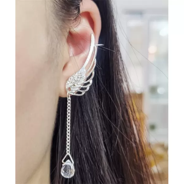 imageDainty Angel Wing Ear Cuffs Crawler Climber Studs Earrings for Women Silver Plated Cubic Zircoina Teardrop Tassel Chain Drop Dangle Cartilage Elegant Birthday Wedding Party Christmas Jewelry