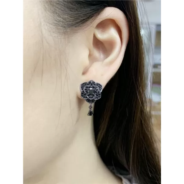 imageDainty Black CZ Rose Flower Dangle Stud Earrings for Women 925 Sterling Silver Post Pin Hypoallergenic Crystal Charms Drop Dangling Sensitive Ear Piercing Wedding Birthday Valentine Jewelry