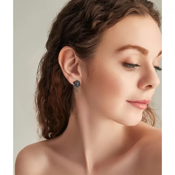 imageDainty Black CZ Rose Flower Dangle Stud Earrings for Women 925 Sterling Silver Post Pin Hypoallergenic Crystal Charms Drop Dangling Sensitive Ear Piercing Wedding Birthday Valentine Jewelry