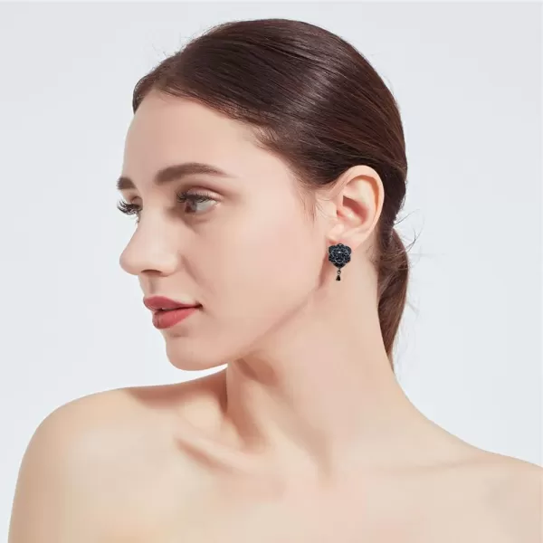 imageDainty Black CZ Rose Flower Dangle Stud Earrings for Women 925 Sterling Silver Post Pin Hypoallergenic Crystal Charms Drop Dangling Sensitive Ear Piercing Wedding Birthday Valentine Jewelry