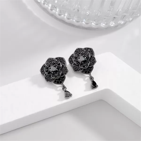 imageDainty Black CZ Rose Flower Dangle Stud Earrings for Women 925 Sterling Silver Post Pin Hypoallergenic Crystal Charms Drop Dangling Sensitive Ear Piercing Wedding Birthday Valentine Jewelry