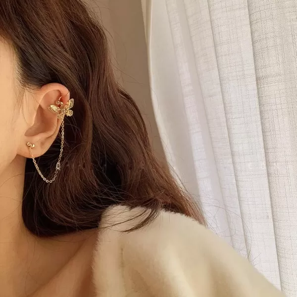 imageDainty Butterfly Ear Cuff Crawler Climer Earring for Women Tiny Small Cartilage Hoop Tassel Chain Drop Dangle Ball Stud Sterling Silver Post Pin CZ Filigree Huggie Fashion Jewelry Gold