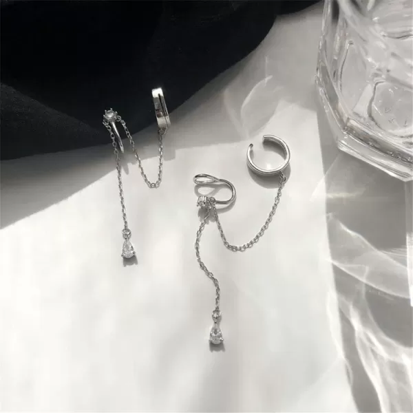 imageDainty Ear Cuff Crawler Climber Earring for Women 925 Sterling Silver No Piercing Wrap Chain Drop Dangle Small Cartilage Open Hoop CZ Teardrop Clip Tassel Dangling Hypoallergenic Earrings 1 PC