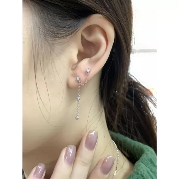 imageDouble Round CZ Bezel Cuff Piercing Jewelry 925 Sterling Silver Tassel Chain Dangle Drop Climber Crawler Earrings for Women Cubic Zirconia Hypoallergenic Dainty Birthday Wedding