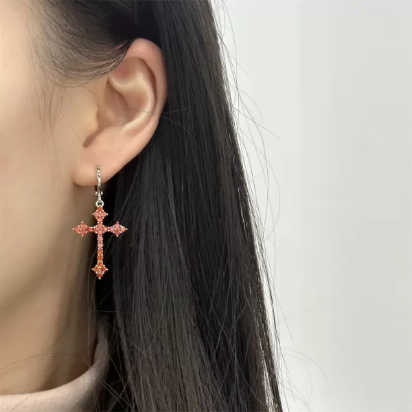 imageFashion CZ Cross Dangle Earrings for Women Hypoallergenic Crystal Charms Drop Dangling Huggie Small Hoop Cartilage Cuff Dainty Punk Faith Jewelry Gifts for PrayerRed CZ