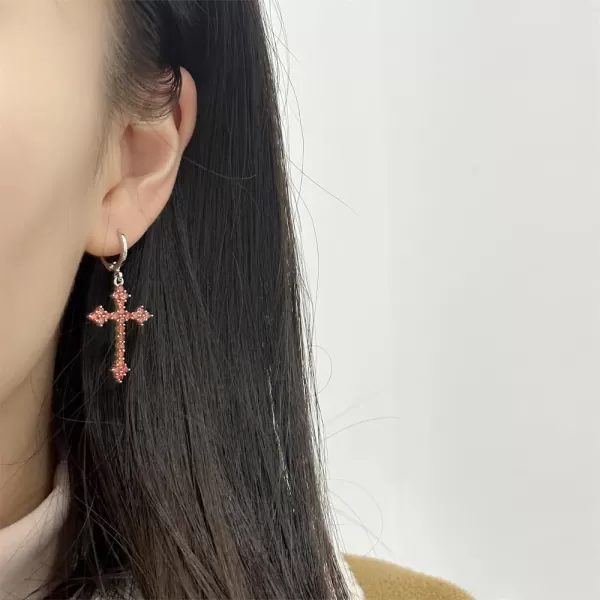 imageFashion CZ Cross Dangle Earrings for Women Hypoallergenic Crystal Charms Drop Dangling Huggie Small Hoop Cartilage Cuff Dainty Punk Faith Jewelry Gifts for PrayerRed CZ