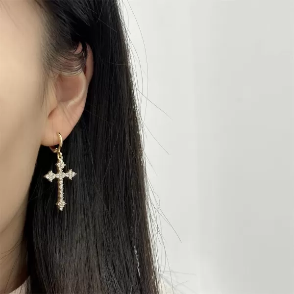 imageFashion CZ Cross Dangle Earrings for Women Hypoallergenic Crystal Charms Drop Dangling Huggie Small Hoop Cartilage Cuff Dainty Punk Faith Jewelry Gifts for PrayerGold