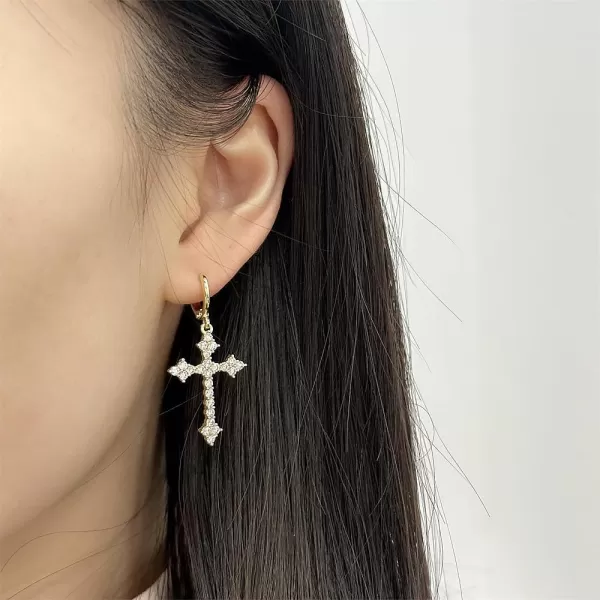 imageFashion CZ Cross Dangle Earrings for Women Hypoallergenic Crystal Charms Drop Dangling Huggie Small Hoop Cartilage Cuff Dainty Punk Faith Jewelry Gifts for PrayerGold
