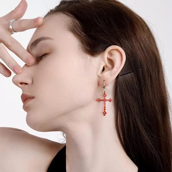 imageFashion CZ Cross Dangle Earrings for Women Hypoallergenic Crystal Charms Drop Dangling Huggie Small Hoop Cartilage Cuff Dainty Punk Faith Jewelry Gifts for PrayerRed CZ