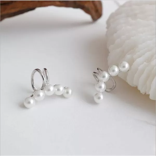 imagePave Pearl Cuff Cartilage Earrings for Women Sterling Silver Tiny Pearls Huggie Small Hoop Cute Layered Wrap NonPierced Ear Dainty Hypoallergenic Fashion Elegant Jewelry Wedding Birthday Gifts