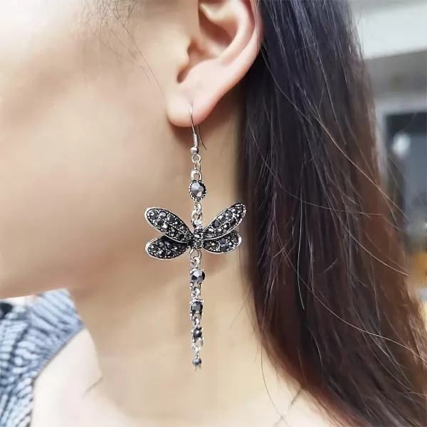 imageRhinestone Dragonfly Dangle Earrings for Women Girls Hypoallergenic Cubic Zirconia Crystal Drop Animal Insect Statement Hook Stud Earrings Delicate Elegant Wedding Birthday Christmas JewelryBlack  Grey