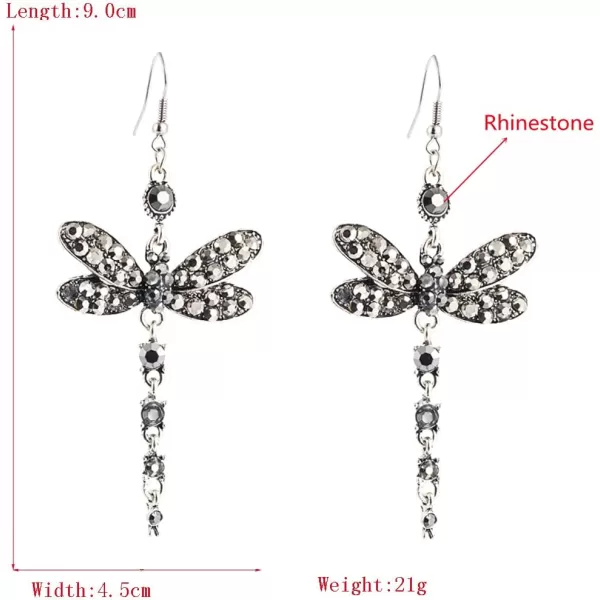 imageRhinestone Dragonfly Dangle Earrings for Women Girls Hypoallergenic Cubic Zirconia Crystal Drop Animal Insect Statement Hook Stud Earrings Delicate Elegant Wedding Birthday Christmas JewelryBlack  Grey