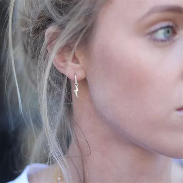 imageSmall Lightning Bolt Dangle Hoop Earrings for Women Girls Sterling Silver Dipped Huggie Personalized Drop Clip Hypoallergenic Stud Delicate Charm Punk Fashion Jewelry Chic SilverTone