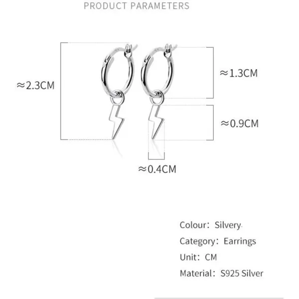 imageSmall Lightning Bolt Dangle Hoop Earrings for Women Girls Sterling Silver Dipped Huggie Personalized Drop Clip Hypoallergenic Stud Delicate Charm Punk Fashion Jewelry Chic SilverTone