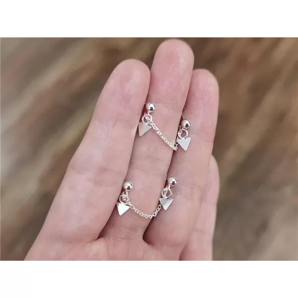 imageTriangle Double Piercing Tassel Chain Drop Dangle Cartilage Ball Bead Stud Earrings for Women S925 Sterling Silver Geometric 2 Hole Helix Tragus Post Pin Fashion Cute Birthday Christmas