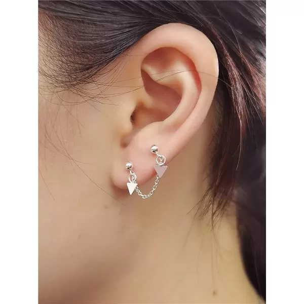 imageTriangle Double Piercing Tassel Chain Drop Dangle Cartilage Ball Bead Stud Earrings for Women S925 Sterling Silver Geometric 2 Hole Helix Tragus Post Pin Fashion Cute Birthday Christmas