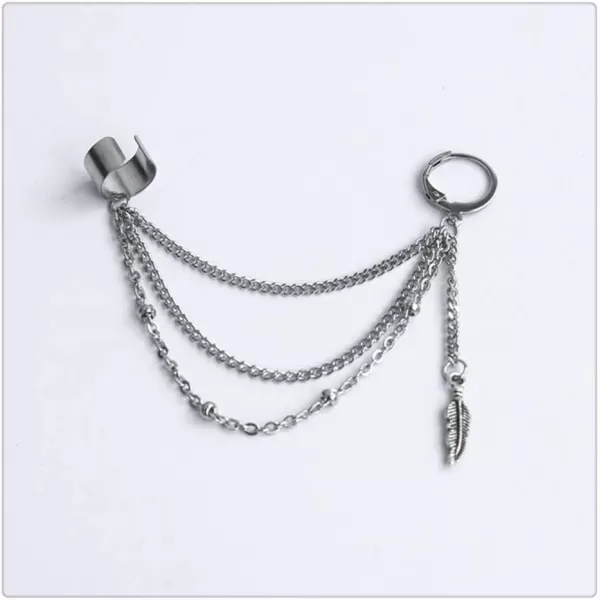 imageVintage Tassel Ear Cuff Crawler Climber Earring for Women Girls Men Stainless Steel Cartilage Small Hoop Wrap Vine Clip on Feather Leaf Multi Layered Chain Drop Fashion Jewelry 1 Piece
