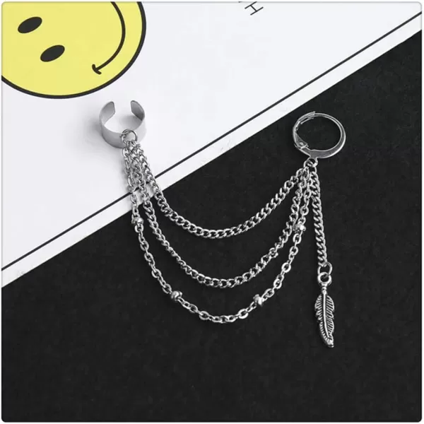 imageVintage Tassel Ear Cuff Crawler Climber Earring for Women Girls Men Stainless Steel Cartilage Small Hoop Wrap Vine Clip on Feather Leaf Multi Layered Chain Drop Fashion Jewelry 1 Piece
