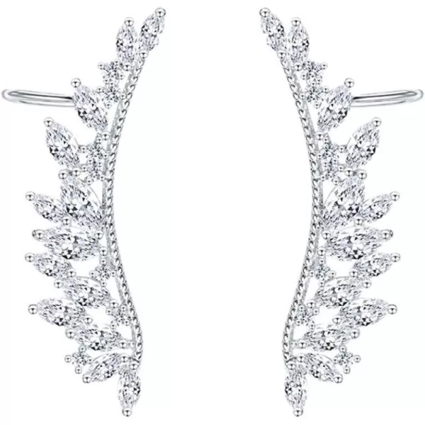 imageCZ Feather Crystal Cuffs Ear Crawler Climber Earrings for Women 925 Sterling Silver Post Pin Dainty Statement Wing Vine Wrap Sweep up Shiny Birthday Wedding Jewelry Gfts Bridal