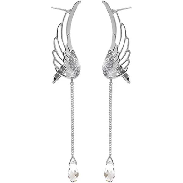 imageDainty Angel Wing Ear Cuffs Crawler Climber Studs Earrings for Women Silver Plated Cubic Zircoina Teardrop Tassel Chain Drop Dangle Cartilage Elegant Birthday Wedding Party Christmas Jewelry