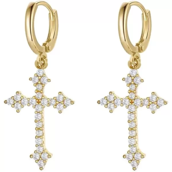 imageFashion CZ Cross Dangle Earrings for Women Hypoallergenic Crystal Charms Drop Dangling Huggie Small Hoop Cartilage Cuff Dainty Punk Faith Jewelry Gifts for PrayerGold