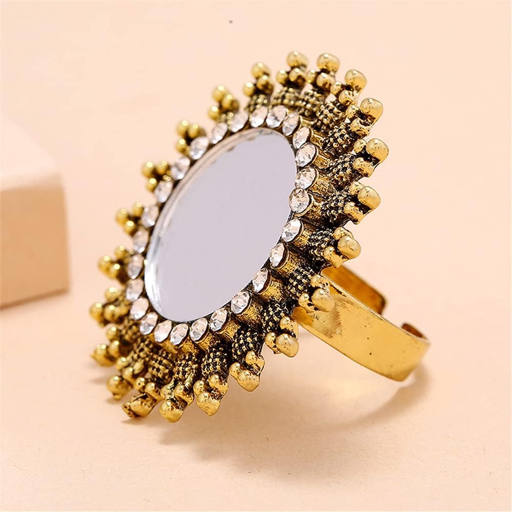 imageDtja Vintage Mirror Sunflower Big Statement Ring for Women Oxidized GoldTone Cubic Zirconia Adjustable Expandable Boho Round Open Band Rings Comfort Fit Indian Bollywood Cocktail Party Jewelry
